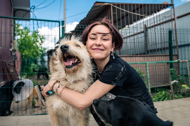 Animal shelter volunteer bracing dog.